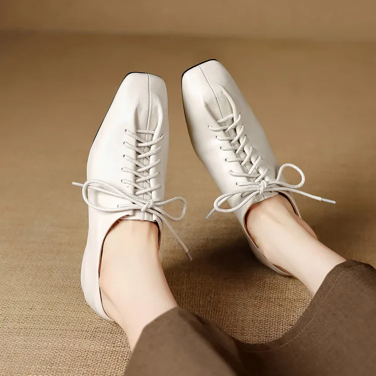 NEW Spring/Autumn Women Pumps Genuine Leather Shoes for Women Square Toe Low Heel Shoes Concise Women Loafers Lace-up Daily Shoe
