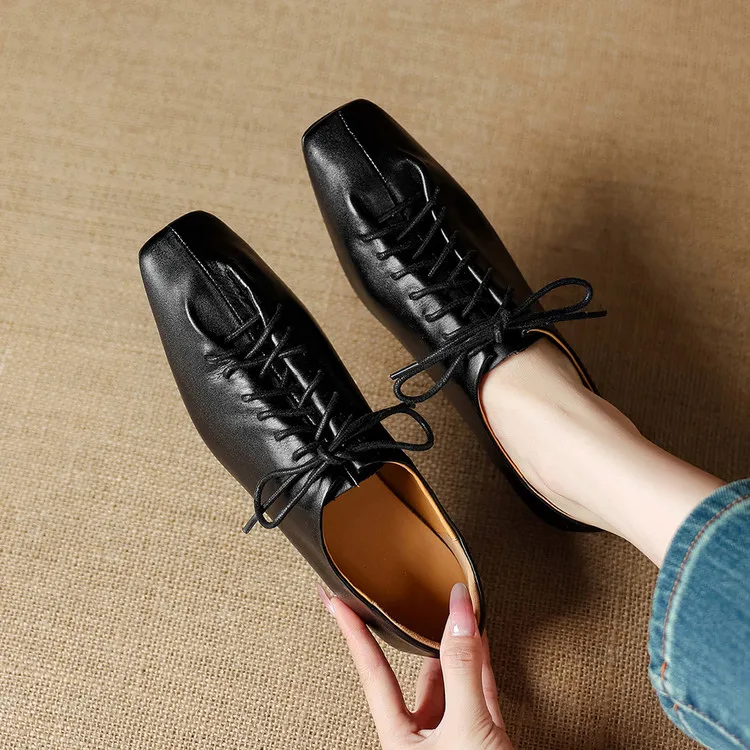 NEW Spring/Autumn Women Pumps Genuine Leather Shoes for Women Square Toe Low Heel Shoes Concise Women Loafers Lace-up Daily Shoe