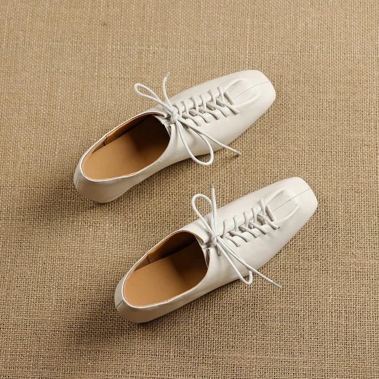 NEW Spring/Autumn Women Pumps Genuine Leather Shoes for Women Square Toe Low Heel Shoes Concise Women Loafers Lace-up Daily Shoe