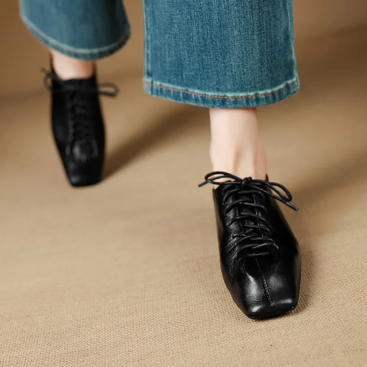 NEW Spring/Autumn Women Pumps Genuine Leather Shoes for Women Square Toe Low Heel Shoes Concise Women Loafers Lace-up Daily Shoe