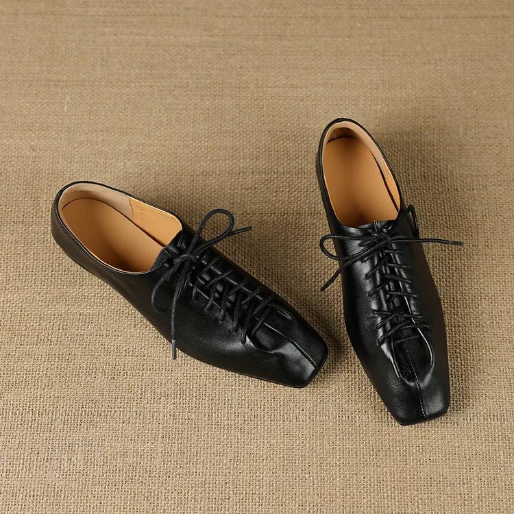 NEW Spring/Autumn Women Pumps Genuine Leather Shoes for Women Square Toe Low Heel Shoes Concise Women Loafers Lace-up Daily Shoe