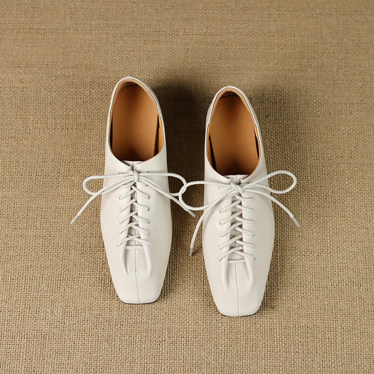 NEW Spring/Autumn Women Pumps Genuine Leather Shoes for Women Square Toe Low Heel Shoes Concise Women Loafers Lace-up Daily Shoe
