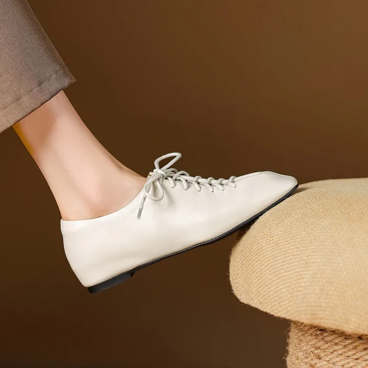 NEW Spring/Autumn Women Pumps Genuine Leather Shoes for Women Square Toe Low Heel Shoes Concise Women Loafers Lace-up Daily Shoe