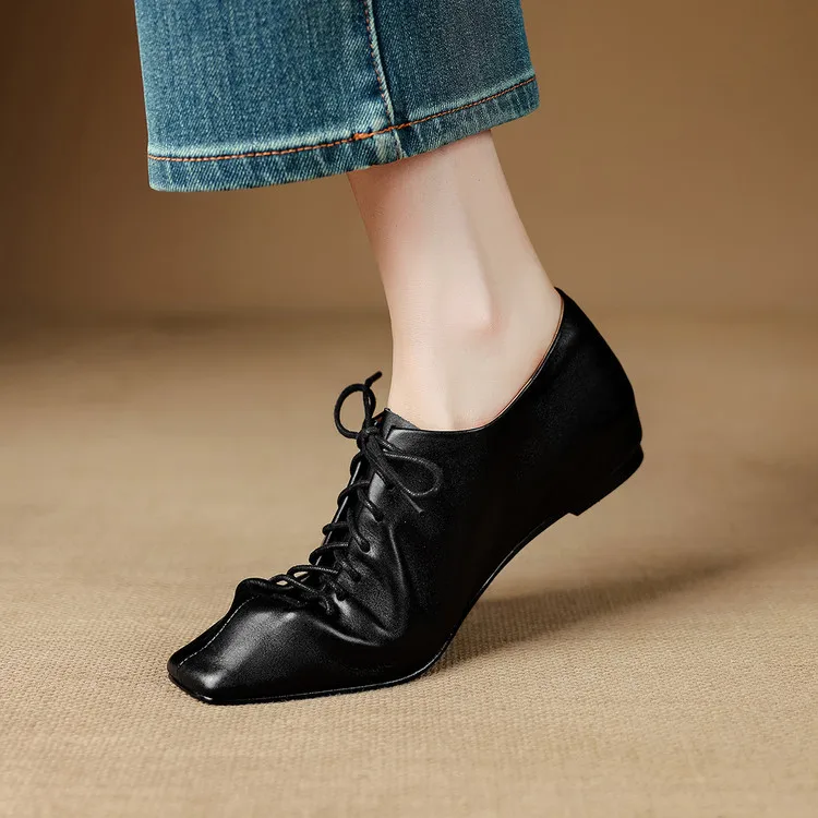NEW Spring/Autumn Women Pumps Genuine Leather Shoes for Women Square Toe Low Heel Shoes Concise Women Loafers Lace-up Daily Shoe