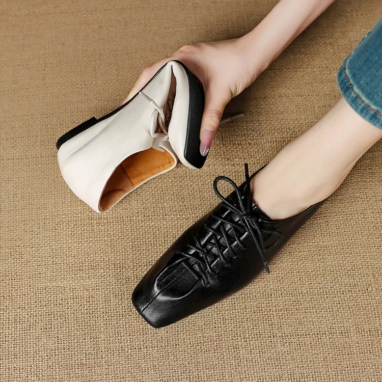 NEW Spring/Autumn Women Pumps Genuine Leather Shoes for Women Square Toe Low Heel Shoes Concise Women Loafers Lace-up Daily Shoe