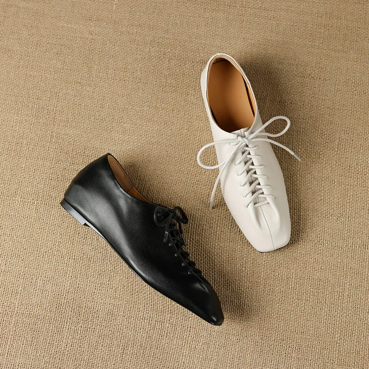 NEW Spring/Autumn Women Pumps Genuine Leather Shoes for Women Square Toe Low Heel Shoes Concise Women Loafers Lace-up Daily Shoe