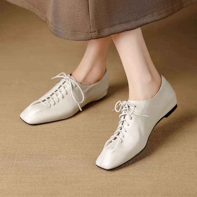 NEW Spring/Autumn Women Pumps Genuine Leather Shoes for Women Square Toe Low Heel Shoes Concise Women Loafers Lace-up Daily Shoe