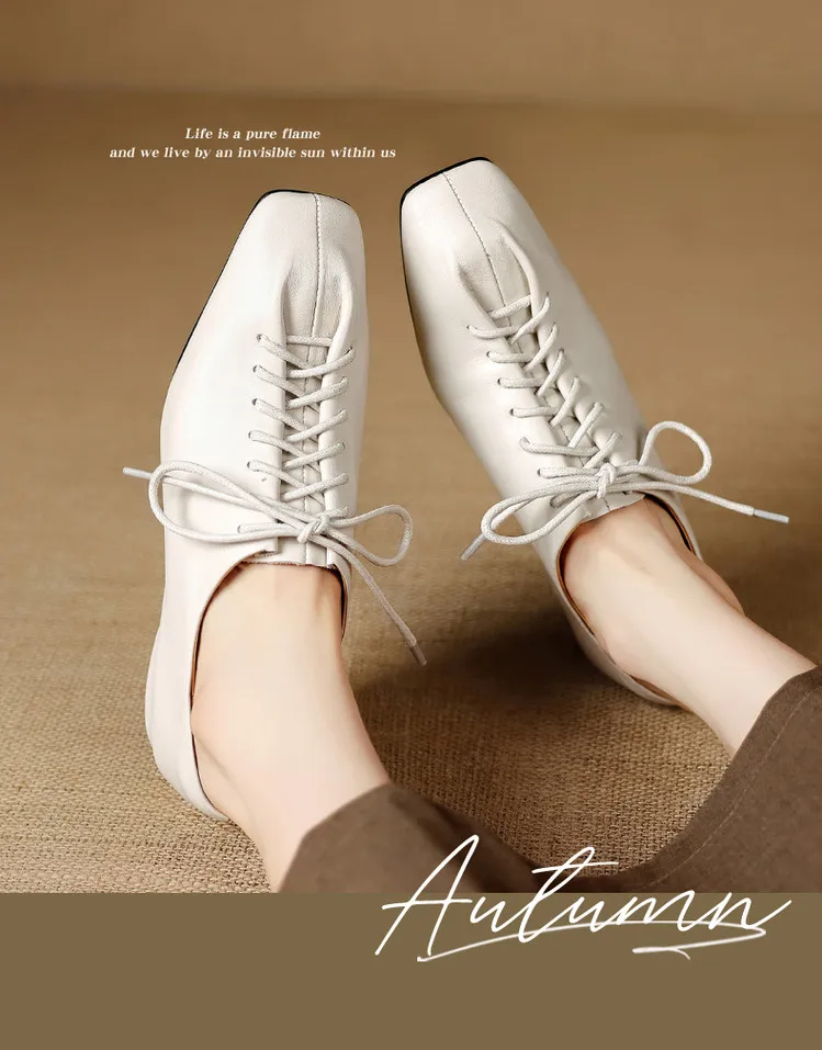 NEW Spring/Autumn Women Pumps Genuine Leather Shoes for Women Square Toe Low Heel Shoes Concise Women Loafers Lace-up Daily Shoe