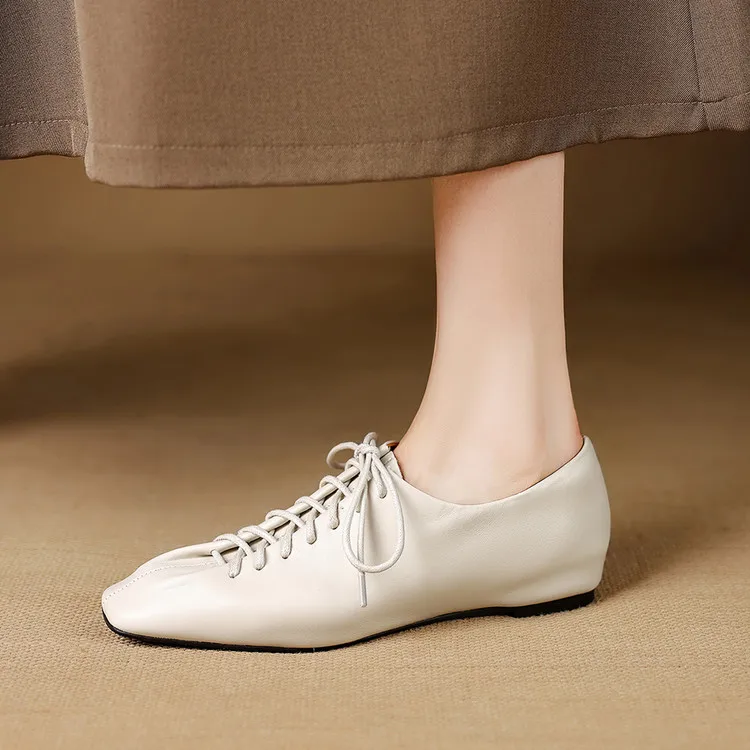 NEW Spring/Autumn Women Pumps Genuine Leather Shoes for Women Square Toe Low Heel Shoes Concise Women Loafers Lace-up Daily Shoe