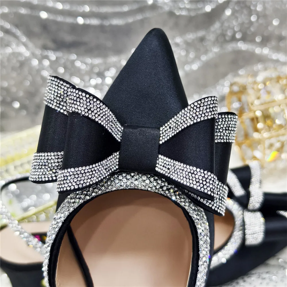 Med Heel Shoes for Women Hollowed Out Embroidery Rhinestone Italian Design Olive-green Color Pointed-Toe Shoes and Bags Set