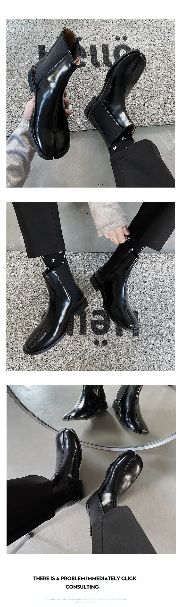 Men's split toe leather boots square toe leather shoes English style short boots women's Chelsea boots horseshoe shape