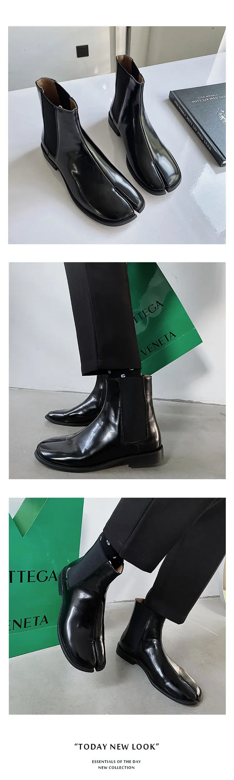 Men's split toe leather boots square toe leather shoes English style short boots women's Chelsea boots horseshoe shape