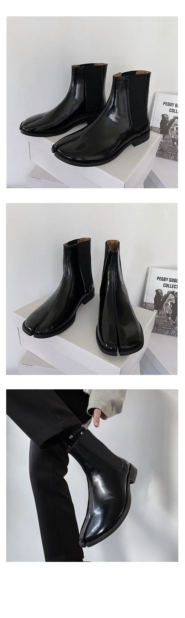 Men's split toe leather boots square toe leather shoes English style short boots women's Chelsea boots horseshoe shape