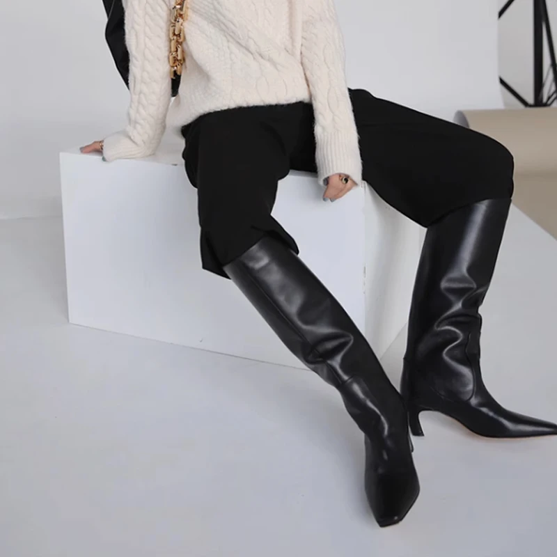 JOZHAMTA Size 34-43 Women Knee Boots Real Leather Wide Calf Fall Winter Shoes 2025 Kitten High Heels Long Tall Boot Casual Dress