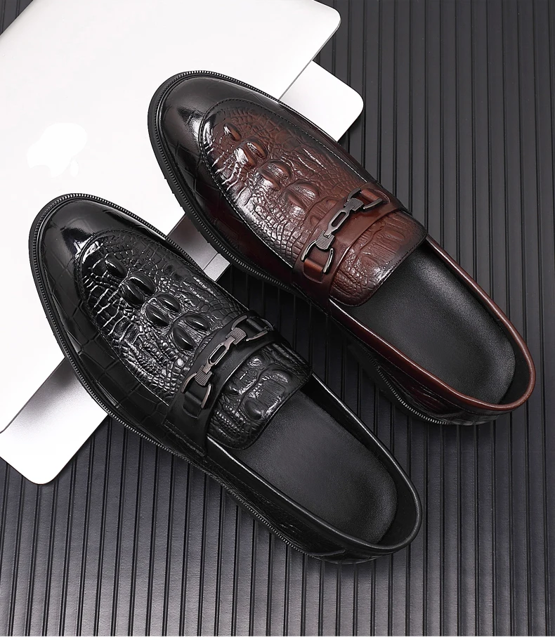 Top Quality Crocodile Print Genuine Leather Men Elevator Shoes Flat/6CM Height Increasing Loafers Man Casual Busincess Moccasins