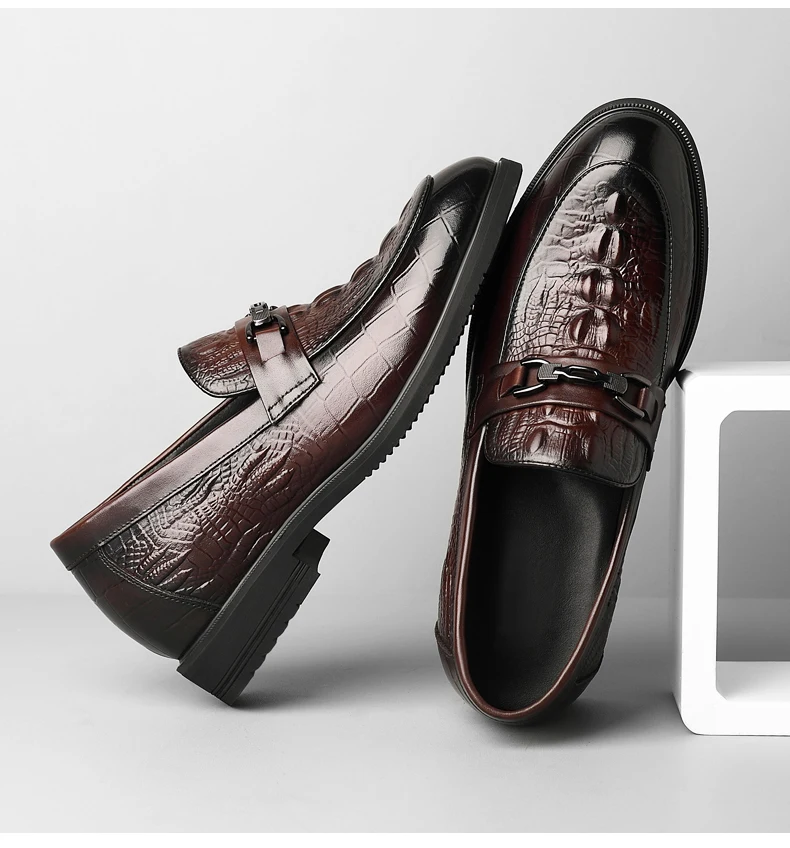 Top Quality Crocodile Print Genuine Leather Men Elevator Shoes Flat/6CM Height Increasing Loafers Man Casual Busincess Moccasins