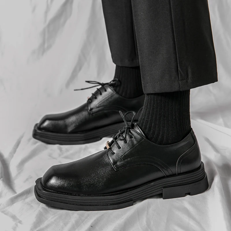 New Men Square Toe Patent Black White Leather Loafers Male Platform Dress Shoes Vintage Chunky Heel Party Shoes Men Formal Shoes