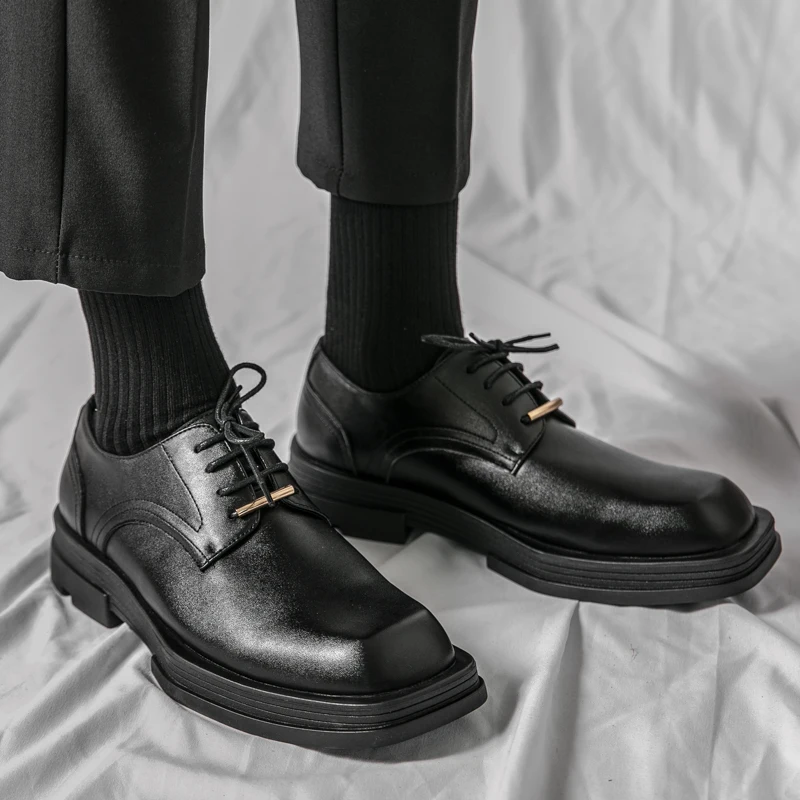 New Men Square Toe Patent Black White Leather Loafers Male Platform Dress Shoes Vintage Chunky Heel Party Shoes Men Formal Shoes