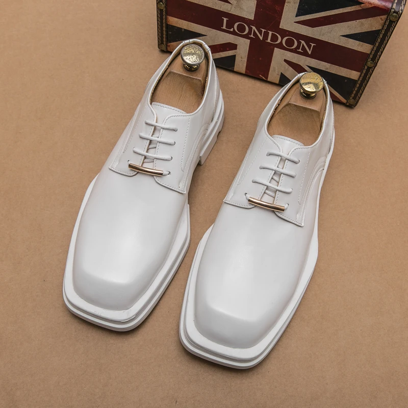 New Men Square Toe Patent Black White Leather Loafers Male Platform Dress Shoes Vintage Chunky Heel Party Shoes Men Formal Shoes