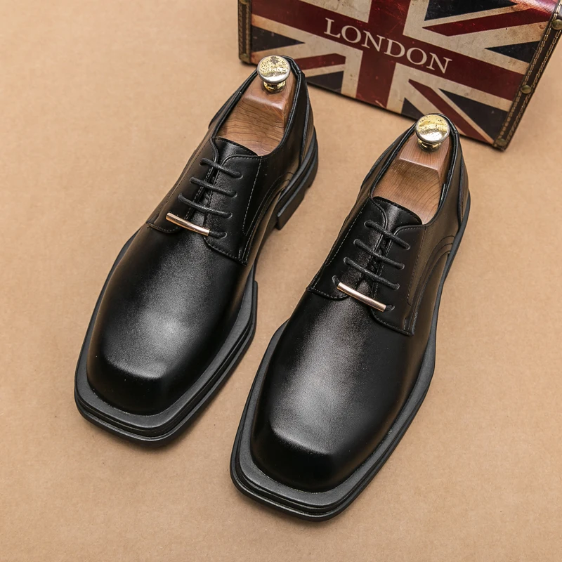 New Men Square Toe Patent Black White Leather Loafers Male Platform Dress Shoes Vintage Chunky Heel Party Shoes Men Formal Shoes