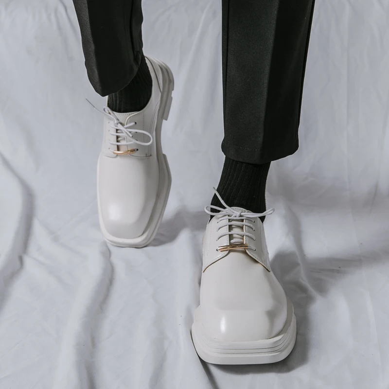 New Men Square Toe Patent Black White Leather Loafers Male Platform Dress Shoes Vintage Chunky Heel Party Shoes Men Formal Shoes