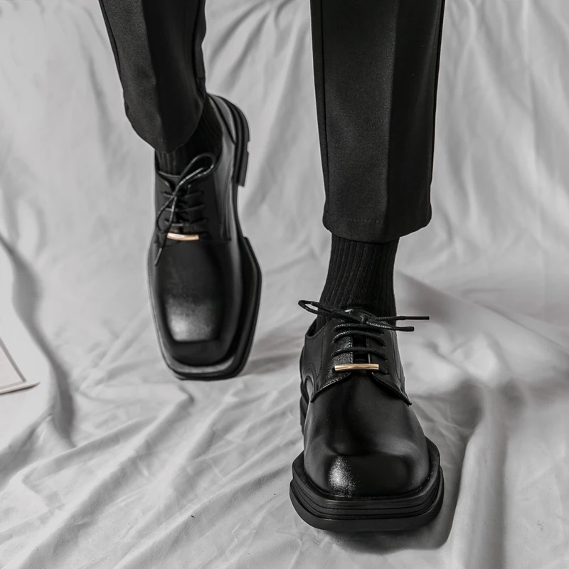 New Men Square Toe Patent Black White Leather Loafers Male Platform Dress Shoes Vintage Chunky Heel Party Shoes Men Formal Shoes