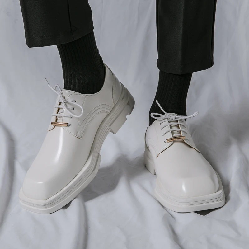 New Men Square Toe Patent Black White Leather Loafers Male Platform Dress Shoes Vintage Chunky Heel Party Shoes Men Formal Shoes