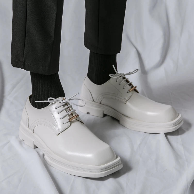 New Men Square Toe Patent Black White Leather Loafers Male Platform Dress Shoes Vintage Chunky Heel Party Shoes Men Formal Shoes