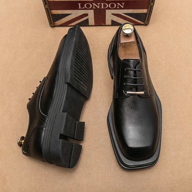 New Men Square Toe Patent Black White Leather Loafers Male Platform Dress Shoes Vintage Chunky Heel Party Shoes Men Formal Shoes