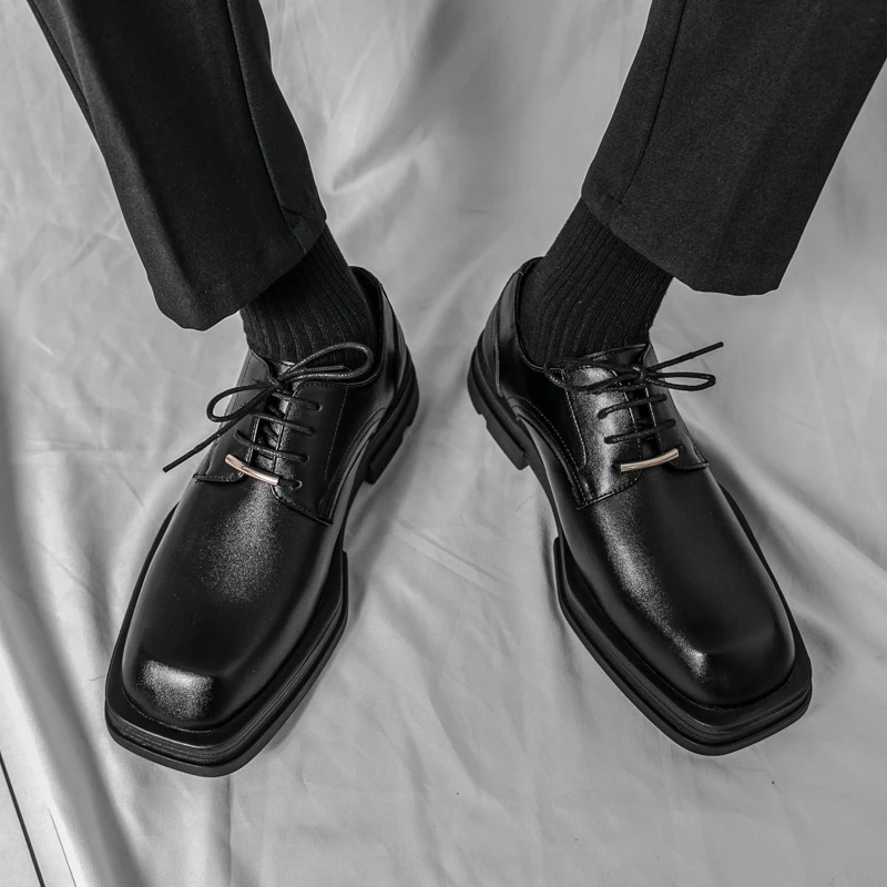 New Men Square Toe Patent Black White Leather Loafers Male Platform Dress Shoes Vintage Chunky Heel Party Shoes Men Formal Shoes
