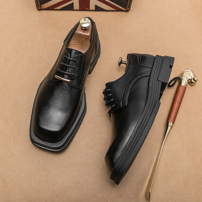 New Men Square Toe Patent Black White Leather Loafers Male Platform Dress Shoes Vintage Chunky Heel Party Shoes Men Formal Shoes