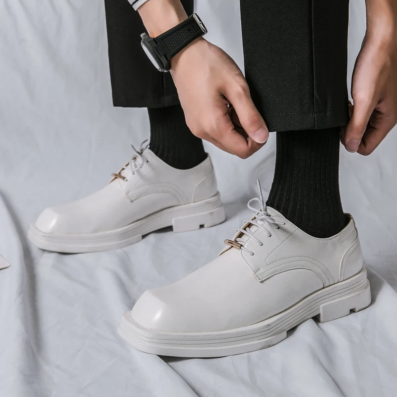 New Men Square Toe Patent Black White Leather Loafers Male Platform Dress Shoes Vintage Chunky Heel Party Shoes Men Formal Shoes