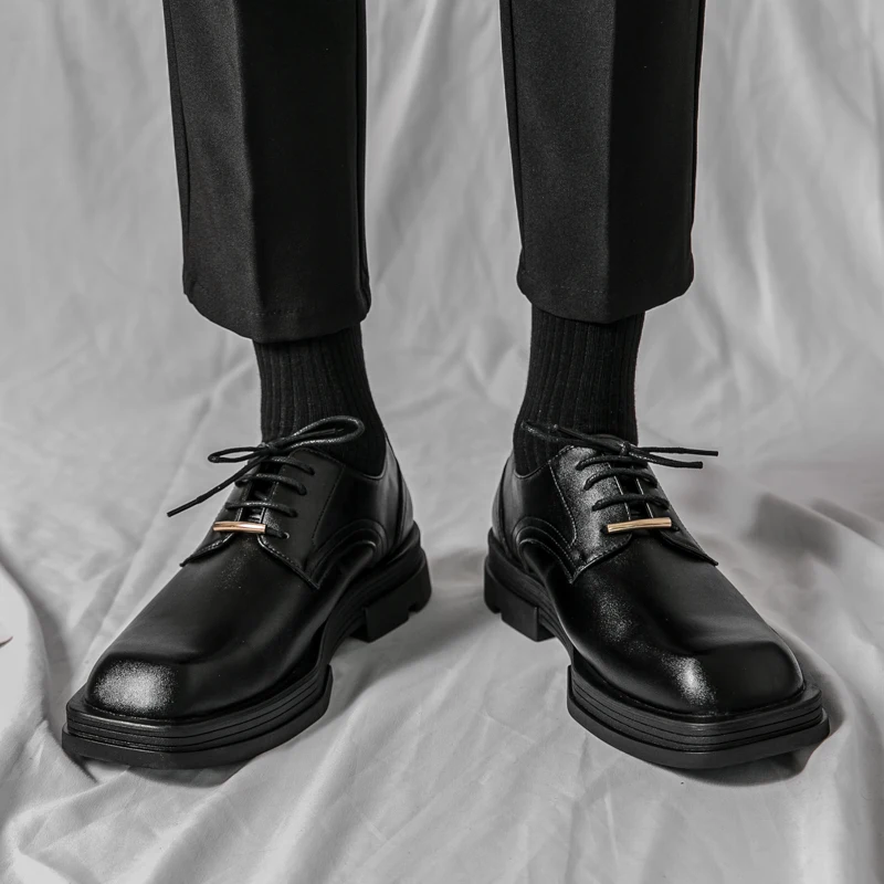 New Men Square Toe Patent Black White Leather Loafers Male Platform Dress Shoes Vintage Chunky Heel Party Shoes Men Formal Shoes