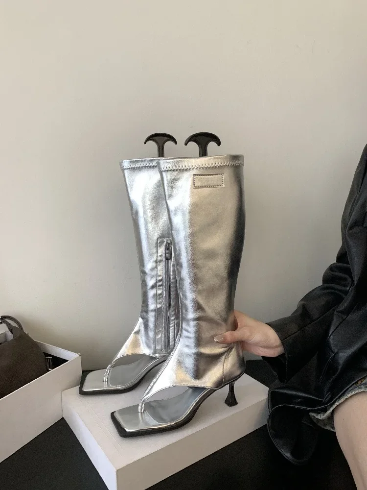 Aneikeh 2027 Spring Autumn Open Toe Clip-On Knee High Boots Sandals Women Modern Booties Low Heels Side Zipper Party Pumps Shoes