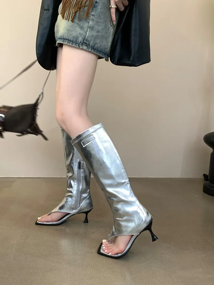 Aneikeh 2027 Spring Autumn Open Toe Clip-On Knee High Boots Sandals Women Modern Booties Low Heels Side Zipper Party Pumps Shoes