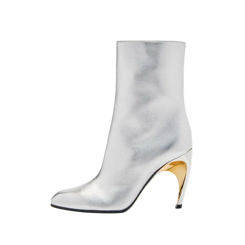 Arden Furtado Silver Plus Size Genuine Leather Short Boots with Metal Alien Heel Pointed Toe Side Zipper Stilettos Heels Modern