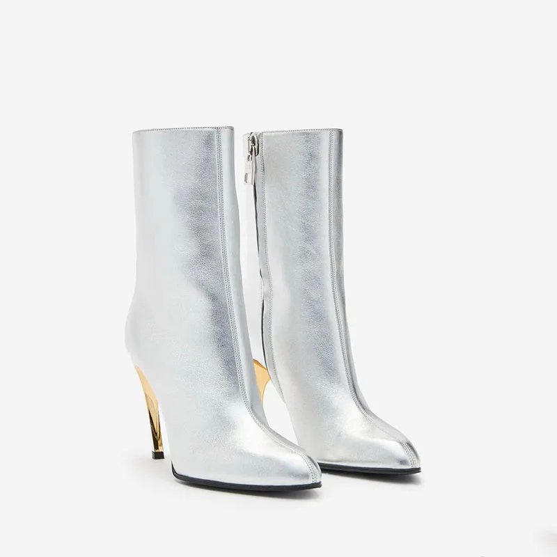 Arden Furtado Silver Plus Size Genuine Leather Short Boots with Metal Alien Heel Pointed Toe Side Zipper Stilettos Heels Modern