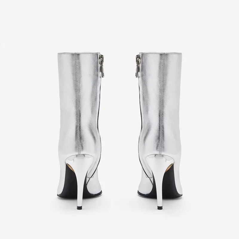 Arden Furtado Silver Plus Size Genuine Leather Short Boots with Metal Alien Heel Pointed Toe Side Zipper Stilettos Heels Modern
