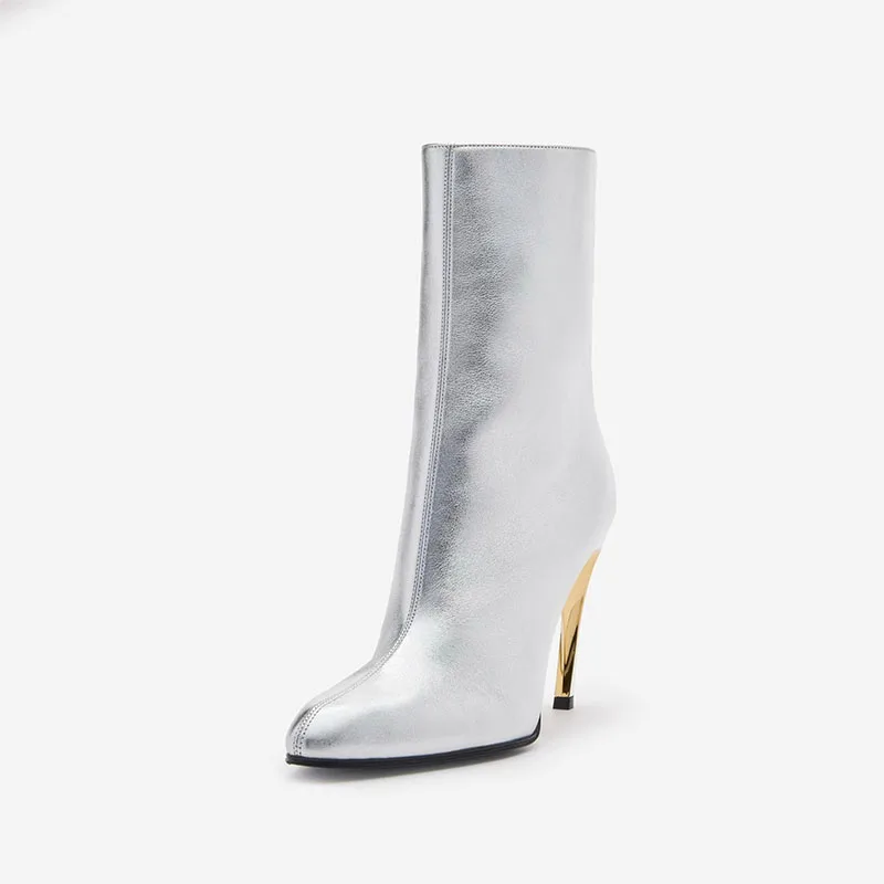 Arden Furtado Silver Plus Size Genuine Leather Short Boots with Metal Alien Heel Pointed Toe Side Zipper Stilettos Heels Modern