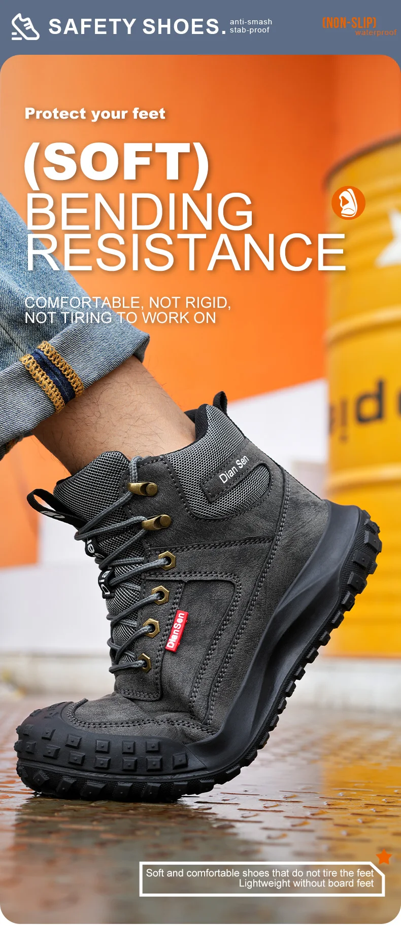 Dian Sen Men's Steel-Toed Safety Shoes With Anti-smash , Anti-Puncture And Anti-Slip Soles, Fashionable Industrial Work Shoes
