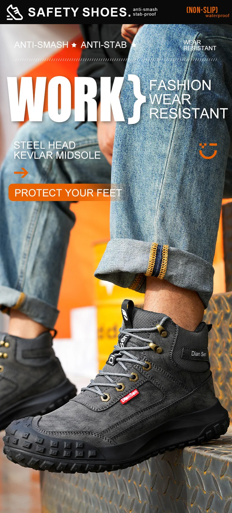 Dian Sen Men's Steel-Toed Safety Shoes With Anti-smash , Anti-Puncture And Anti-Slip Soles, Fashionable Industrial Work Shoes
