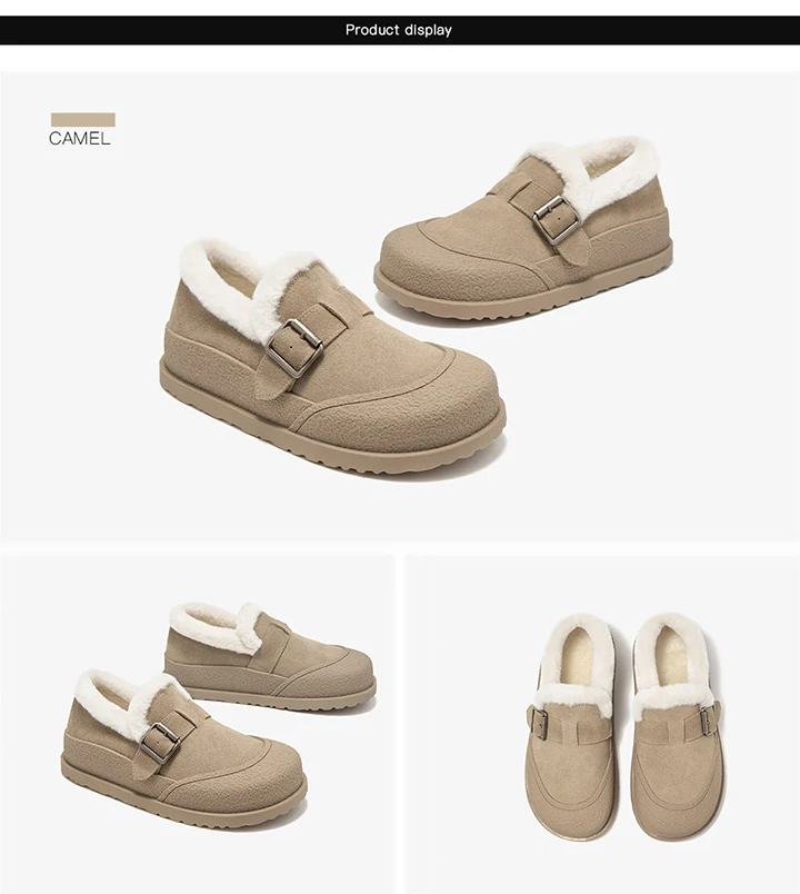 BEAUTODAY Winter Shoes Women Cow Suede Round Toe Buckle Design Warm Short Plush ladies Flat Shoes Handmade 22814