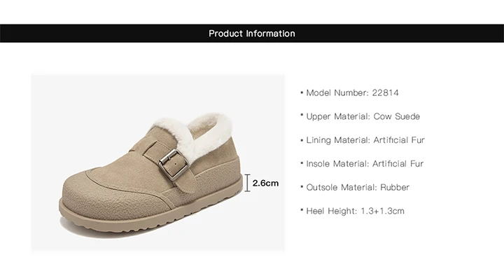 BEAUTODAY Winter Shoes Women Cow Suede Round Toe Buckle Design Warm Short Plush ladies Flat Shoes Handmade 22814