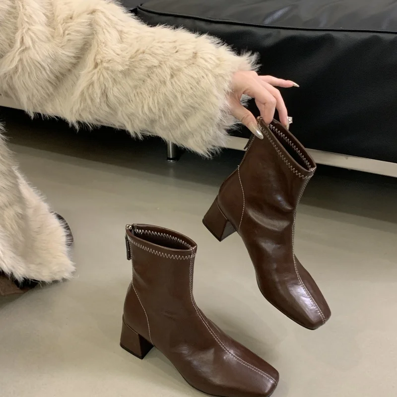 ZAROY Back Zipper Chunky Heel Slim Women Ankle Boots Autumn Winter Elegant Square Toe Leather Botas Office Party Dress Booties