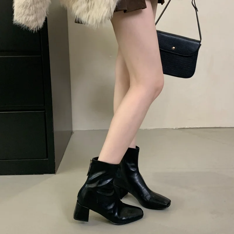 ZAROY Back Zipper Chunky Heel Slim Women Ankle Boots Autumn Winter Elegant Square Toe Leather Botas Office Party Dress Booties