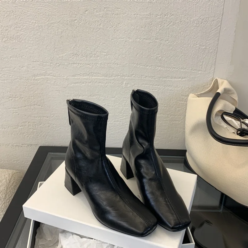 ZAROY Back Zipper Chunky Heel Slim Women Ankle Boots Autumn Winter Elegant Square Toe Leather Botas Office Party Dress Booties