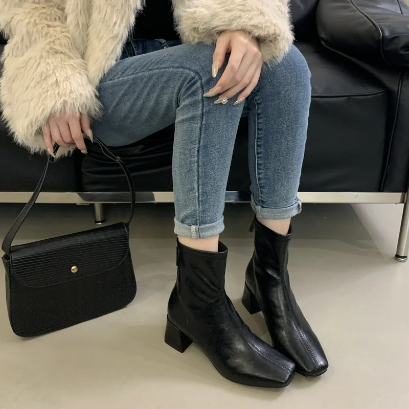ZAROY Back Zipper Chunky Heel Slim Women Ankle Boots Autumn Winter Elegant Square Toe Leather Botas Office Party Dress Booties