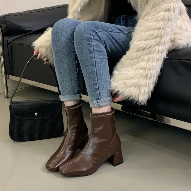 ZAROY Back Zipper Chunky Heel Slim Women Ankle Boots Autumn Winter Elegant Square Toe Leather Botas Office Party Dress Booties