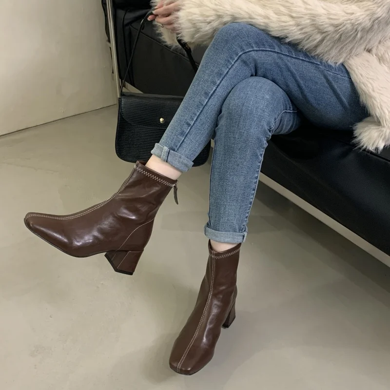 ZAROY Back Zipper Chunky Heel Slim Women Ankle Boots Autumn Winter Elegant Square Toe Leather Botas Office Party Dress Booties