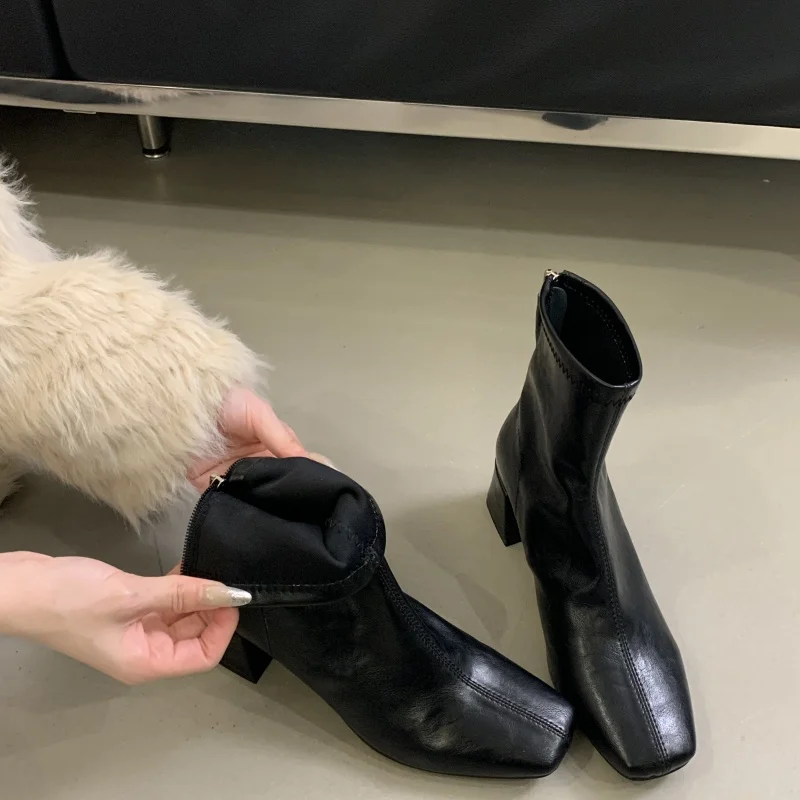 ZAROY Back Zipper Chunky Heel Slim Women Ankle Boots Autumn Winter Elegant Square Toe Leather Botas Office Party Dress Booties